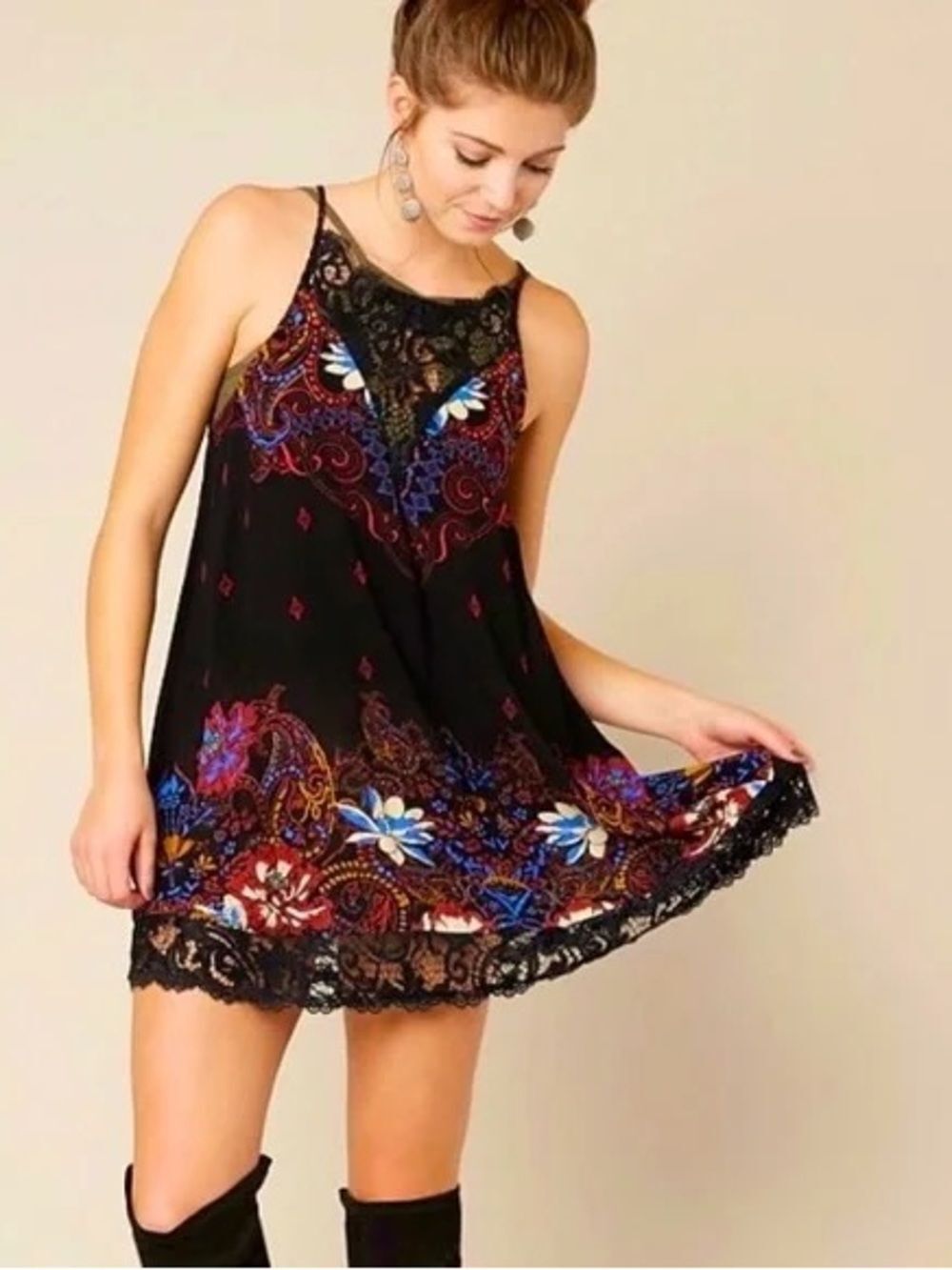 Free People Black Floral Lace-Trim Mini Dress